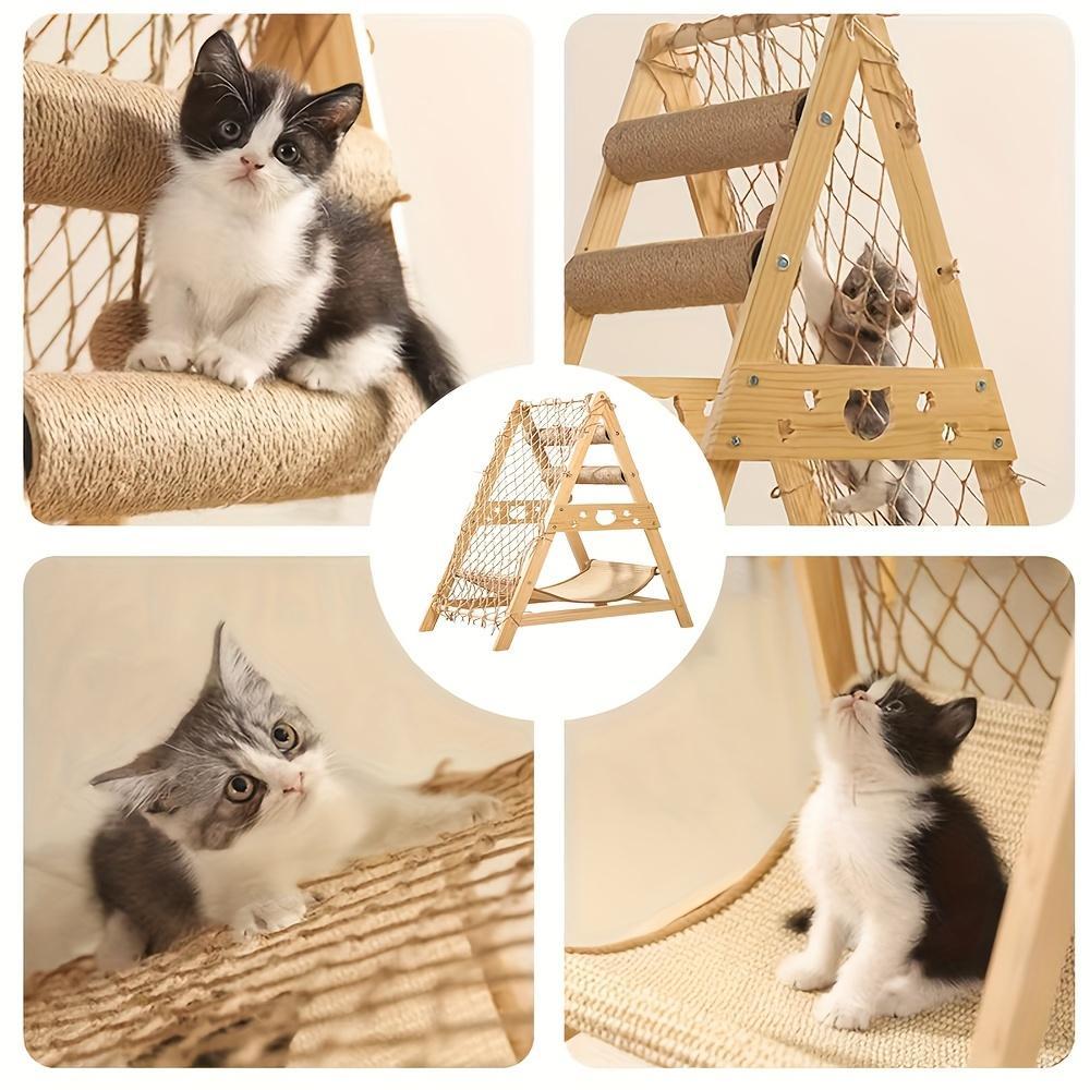 Modern Wooden Cat Tree Castle – Multi-Level Indoor Tower with 2 Sisal Scratching Posts, Summer Cooling Bed, and Interactive Climbing Net