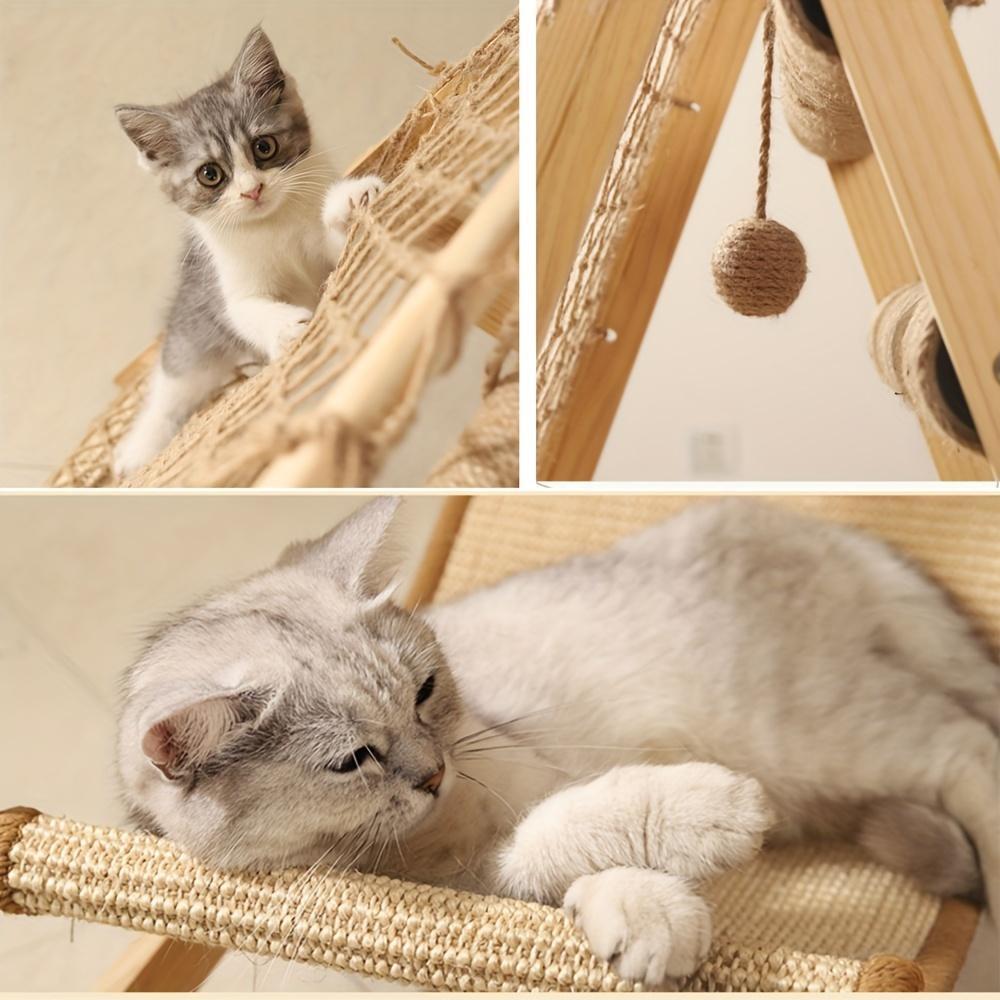 Modern Wooden Cat Tree Castle – Multi-Level Indoor Tower with 2 Sisal Scratching Posts, Summer Cooling Bed, and Interactive Climbing Net