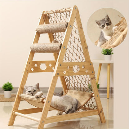 Modern Wooden Cat Tree Castle – Multi-Level Indoor Tower with 2 Sisal Scratching Posts, Summer Cooling Bed, and Interactive Climbing Net