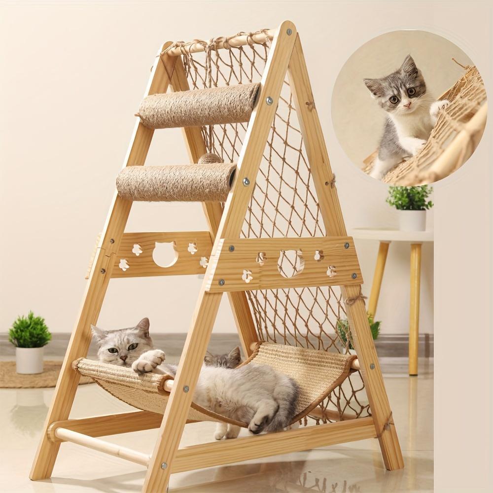 Modern Wooden Cat Tree Castle – Multi-Level Indoor Tower with 2 Sisal Scratching Posts, Summer Cooling Bed, and Interactive Climbing Net
