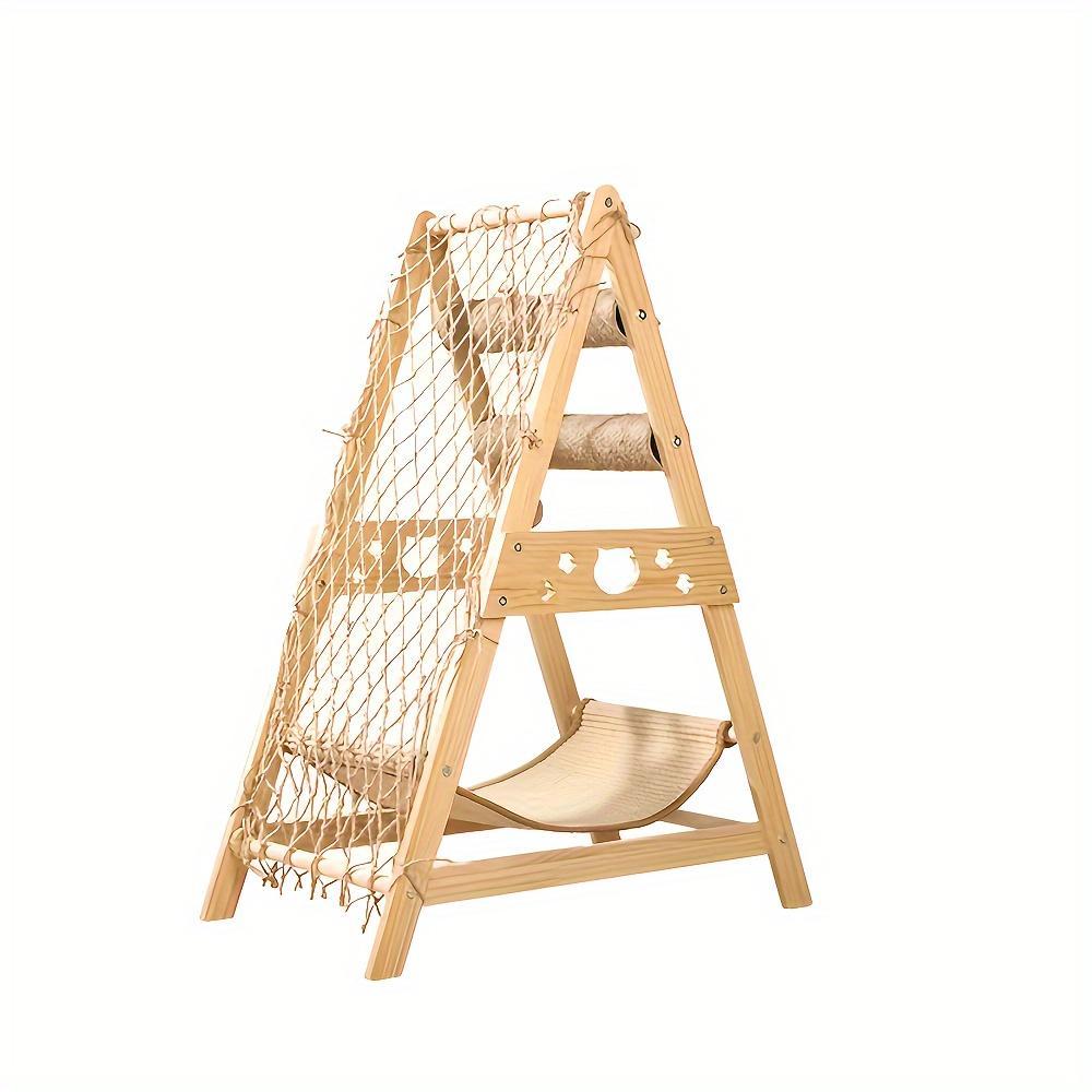 Modern Wooden Cat Tree Castle – Multi-Level Indoor Tower with 2 Sisal Scratching Posts, Summer Cooling Bed, and Interactive Climbing Net