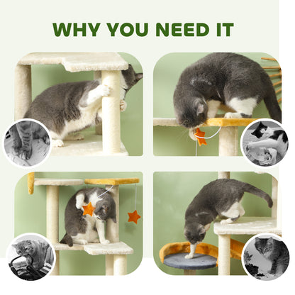 63 Inch Moon and Star Themed Cat Tree with Scratching Post, Hammock, Condo, Bed, Scratching Board & Cat Toys, Beige