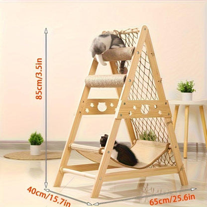 Modern Wooden Cat Tree Castle – Multi-Level Indoor Tower with 2 Sisal Scratching Posts, Summer Cooling Bed, and Interactive Climbing Net