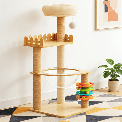 39.3" Modern Wood Cat Tower – Contemporary Cat Tree with Space Capsule Acrylic Hammock, Sisal Scratching Posts, and Plush Top Perch