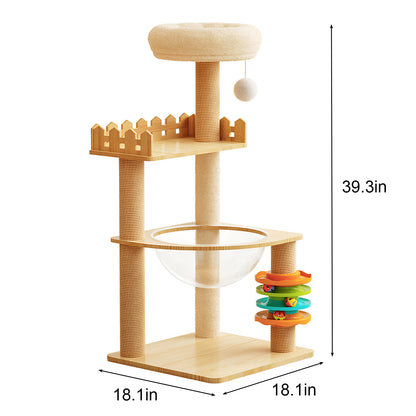 39.3" Modern Wood Cat Tower – Contemporary Cat Tree with Space Capsule Acrylic Hammock, Sisal Scratching Posts, and Plush Top Perch