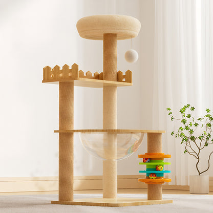 39.3" Modern Wood Cat Tower – Contemporary Cat Tree with Space Capsule Acrylic Hammock, Sisal Scratching Posts, and Plush Top Perch